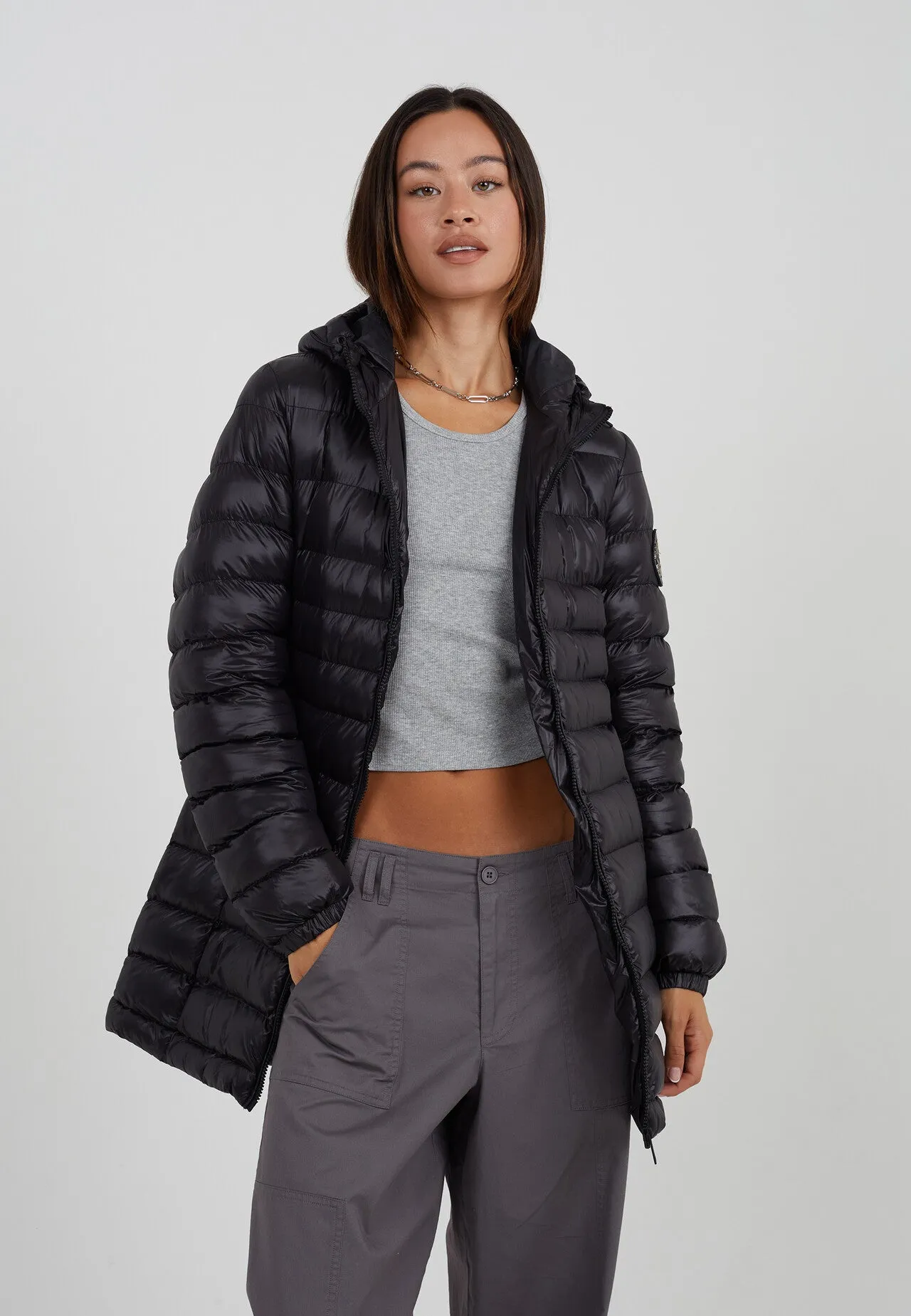 BLACK HIGH SHINE FINISH BADGE DETAIL PADDED COAT