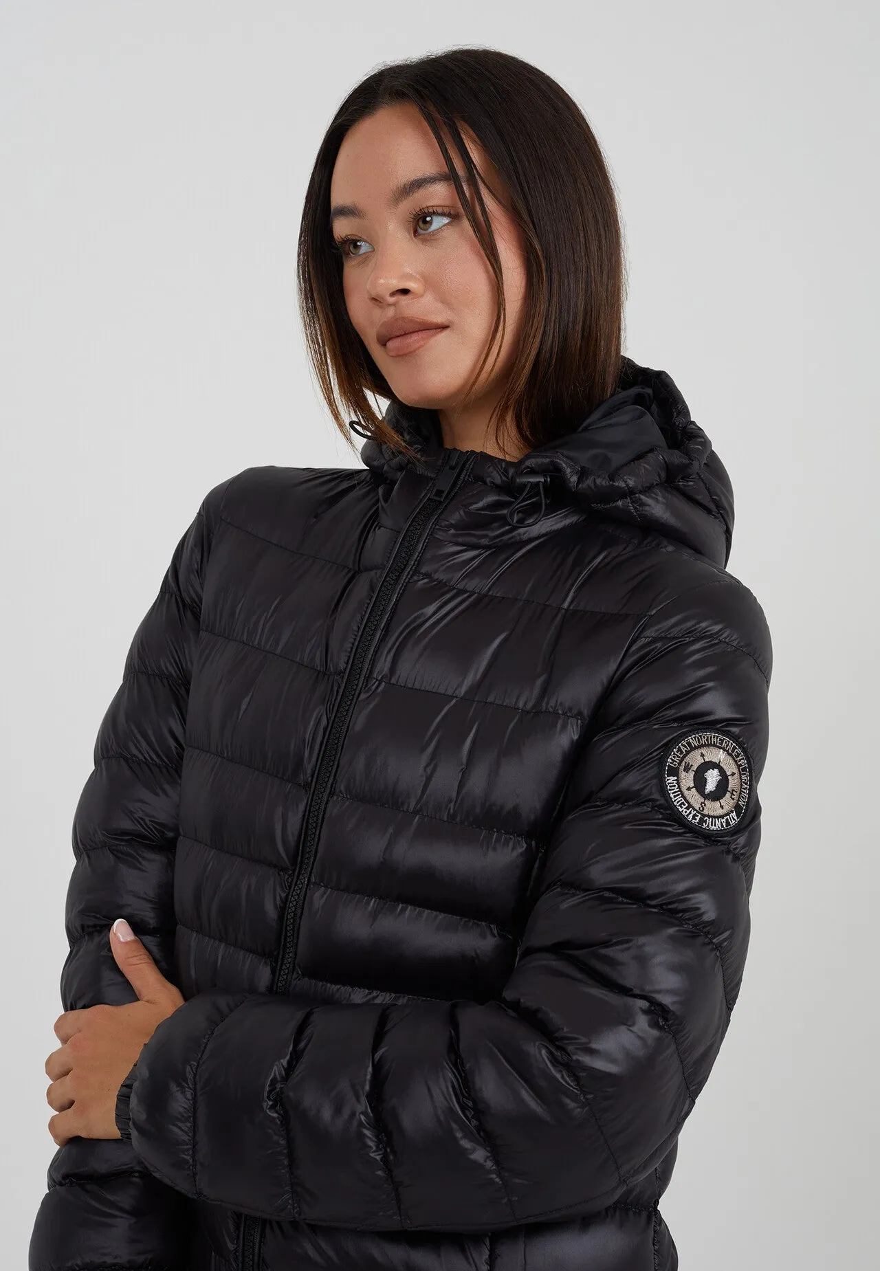 BLACK HIGH SHINE FINISH BADGE DETAIL PADDED COAT