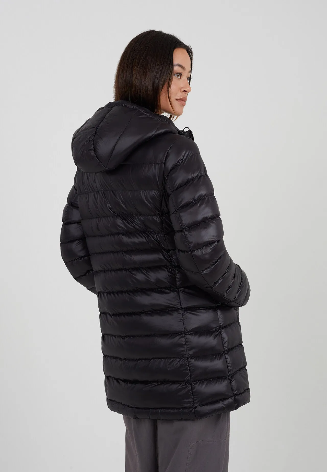 BLACK HIGH SHINE FINISH BADGE DETAIL PADDED COAT