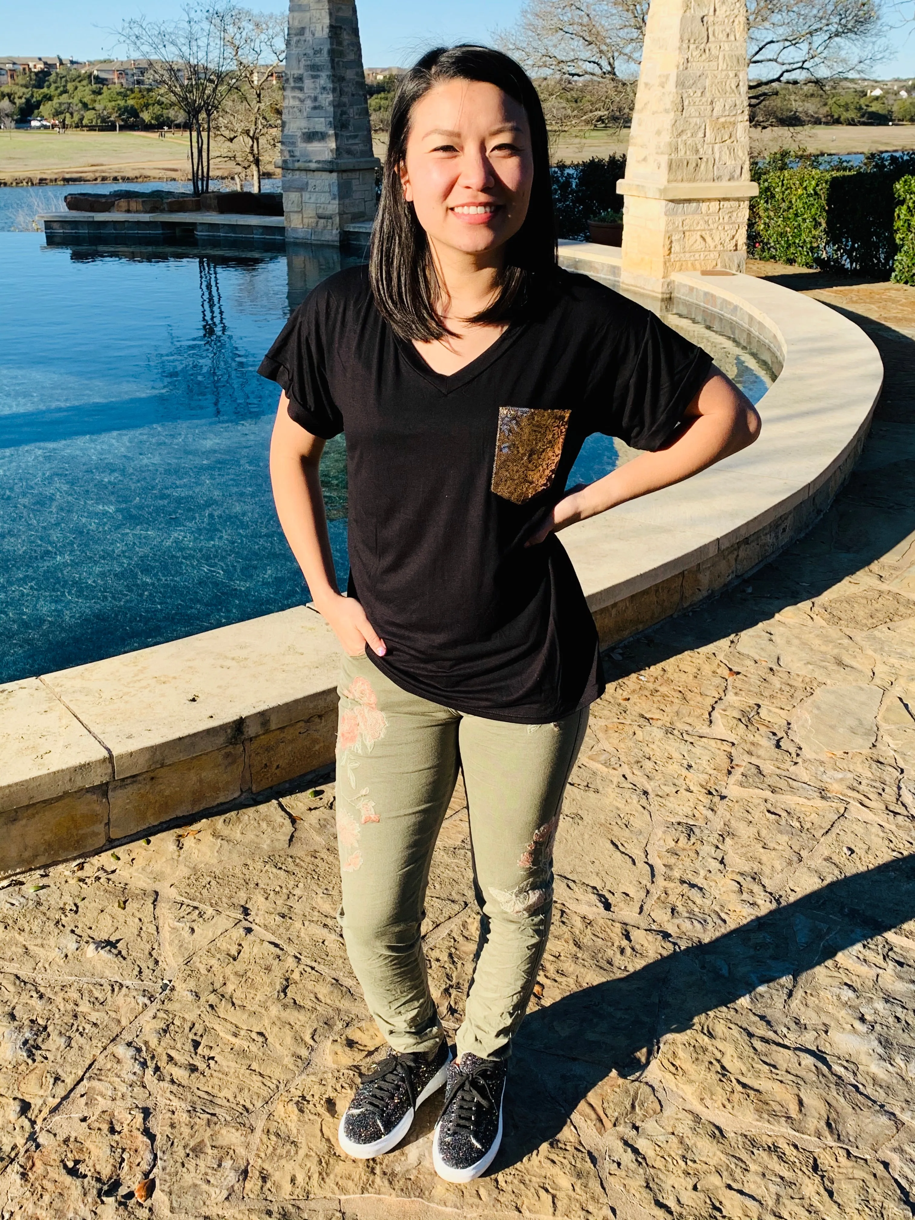 Sequin Pocket V-Neck Tee