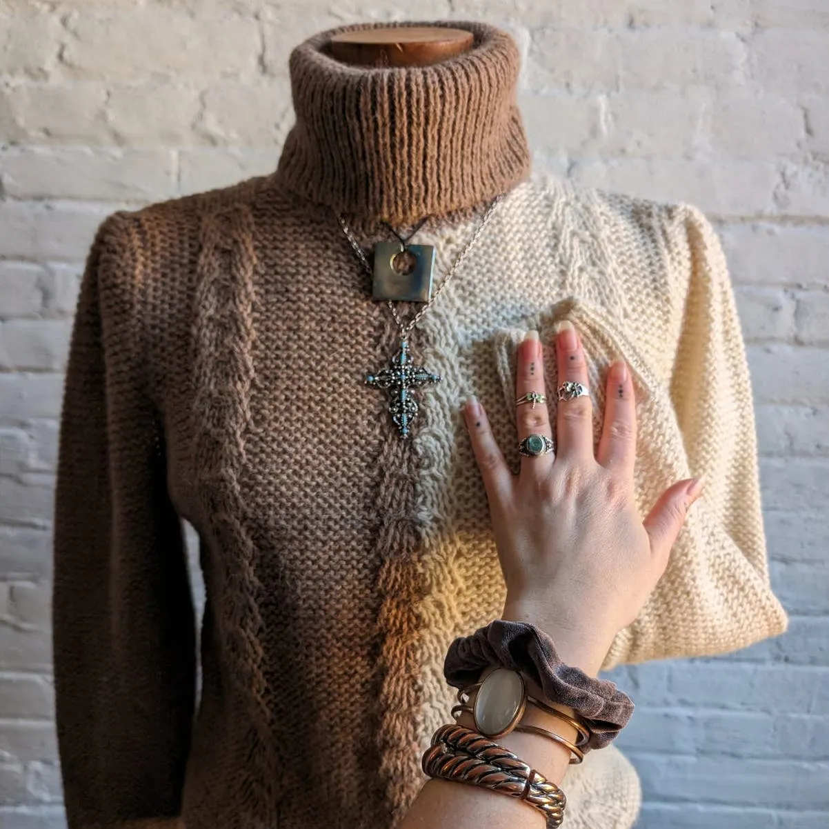 Vintage Brown Alpaca Wool Cable Knit Sweater Minimalist Neutral Colorblock Top