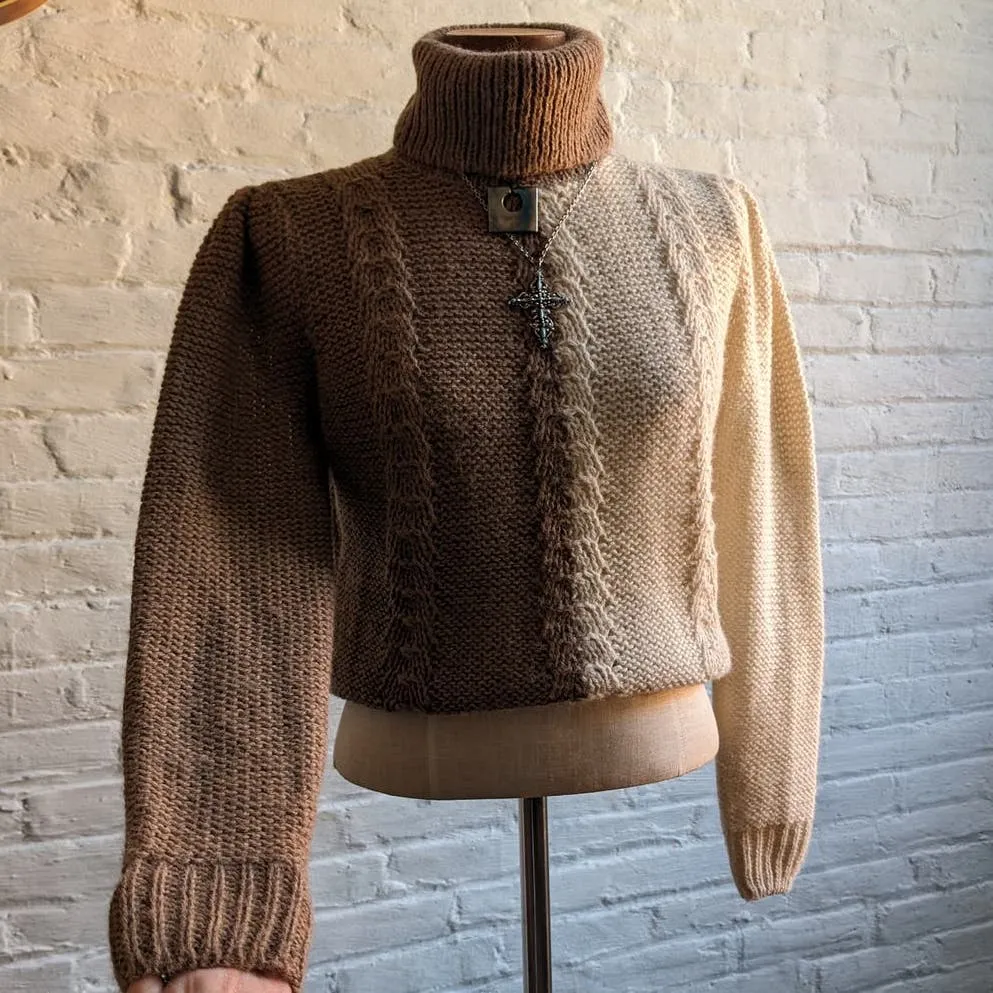 Vintage Brown Alpaca Wool Cable Knit Sweater Minimalist Neutral Colorblock Top