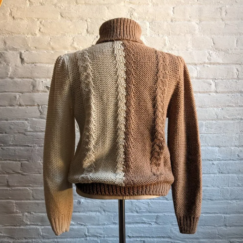 Vintage Brown Alpaca Wool Cable Knit Sweater Minimalist Neutral Colorblock Top