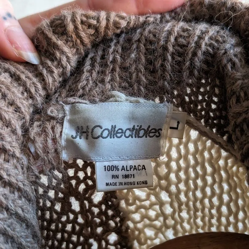 Vintage Brown Alpaca Wool Cable Knit Sweater Minimalist Neutral Colorblock Top