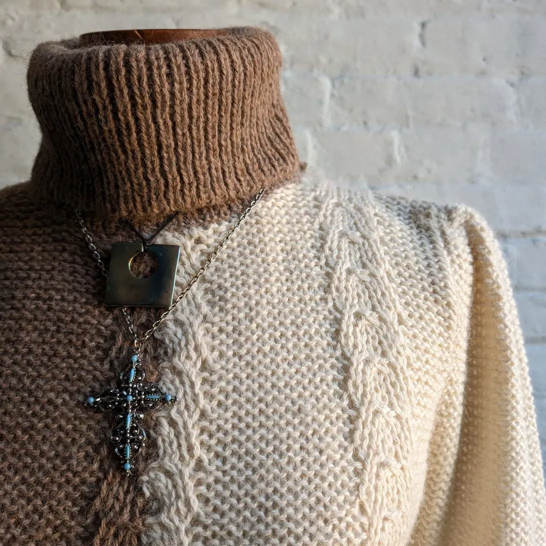 Vintage Brown Alpaca Wool Cable Knit Sweater Minimalist Neutral Colorblock Top